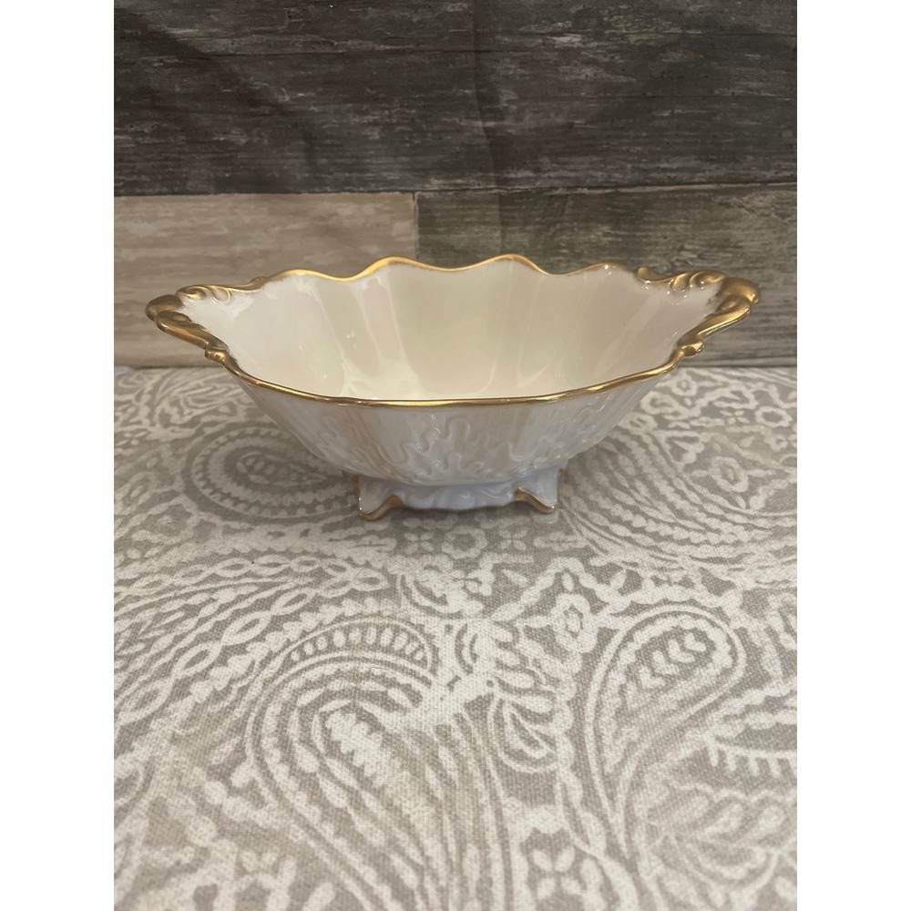 Lenox Ivory Lorelei Oval Scalloped Footed Nut Bowl Gold Trim Made in USA